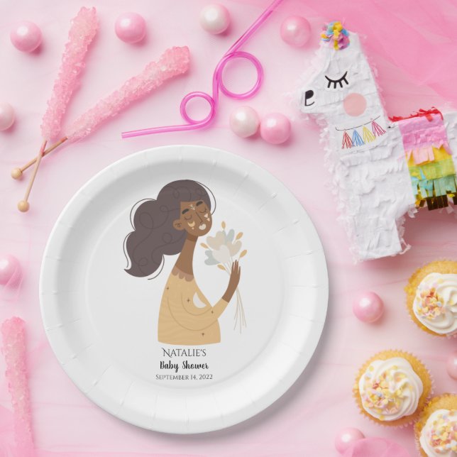 Assiettes En Carton Femme bohème à la peau brune bouquet de cœurs  (Fête)