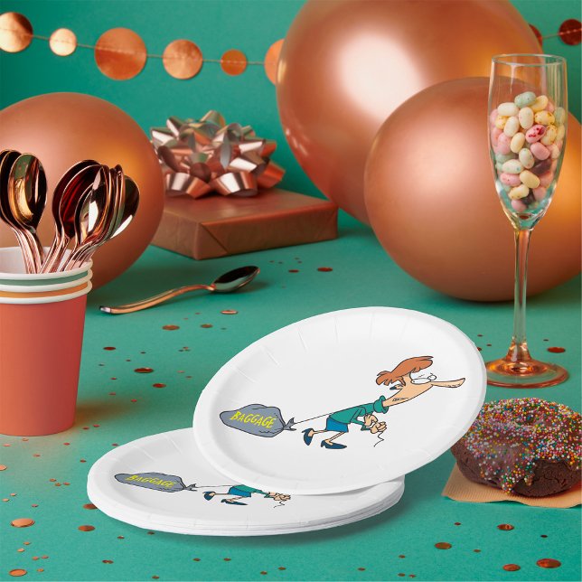 Assiettes En Carton Femme drôle transportant des bagages émotionnels (Créateur téléchargé)