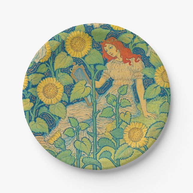 Assiettes En Carton Femme-fille de fleurs dans le jardin de tournesol (Devant)