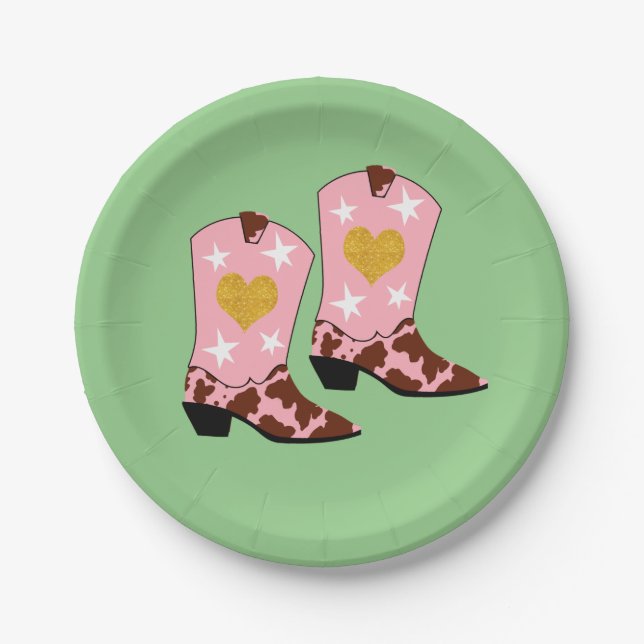 Assiettes En Carton Femme moderne Pink Cowgirl Western Boots vert (Devant)