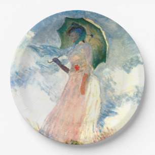Assiettes En Carton Femme Monet avec un parasol face à gauche