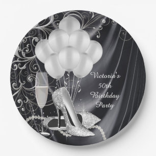 Assiettes En Carton Femme Noir Silver Chaussure Anniversaire Fête Plaq
