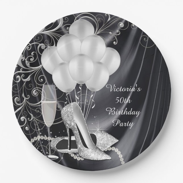 Assiettes En Carton Femme Noir Silver Chaussure Anniversaire Fête Plaq (Devant)