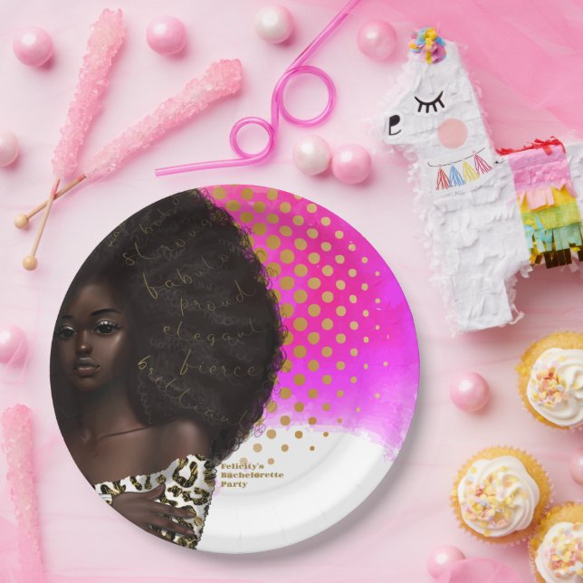Assiettes En Carton Femme noire rose et or (Fête)