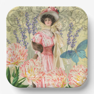 Assiettes En Carton Femme victorienne florale rose Régence