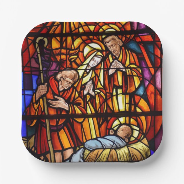 Assiettes En Carton Fenêtre en verre tendu Bébé Jésus Nativité (Recto)