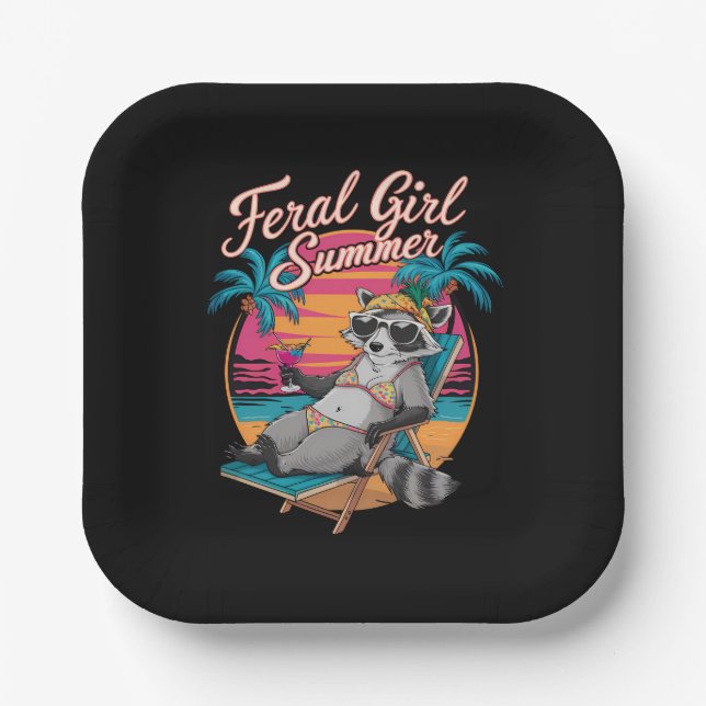 Assiettes En Carton Feral Girl Summer Beach Funny Raccoon (Recto)