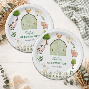 Assiettes En Carton Ferme d'animaux à l'aquarelle 1er anniversaire