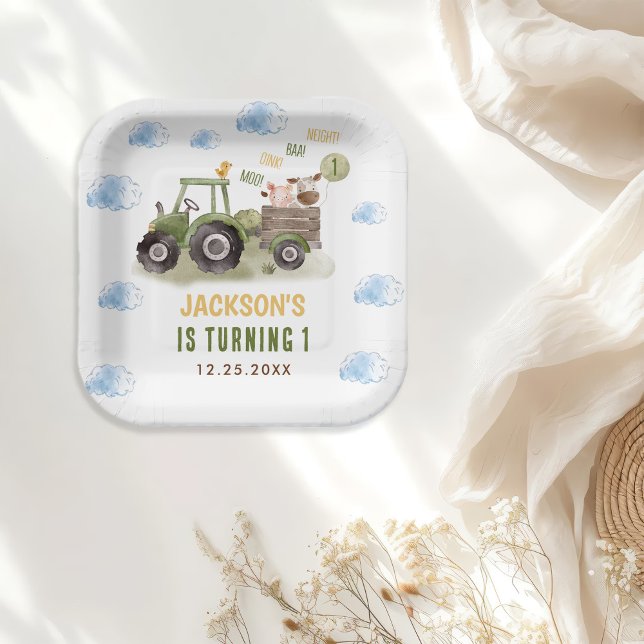Assiettes En Carton Ferme de tracteur aquarelle 1er anniversaire (Créateur téléchargé)