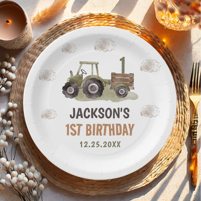 Assiettes En Carton Ferme de tracteur aquarelle 1er anniversaire (Créateur téléchargé)