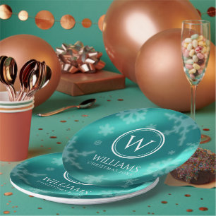 Assiettes En Carton Festif Blue Foil Snowflakes Monogramme Nom
