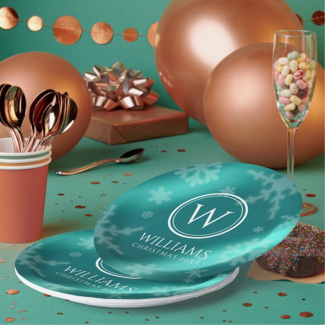 Assiettes En Carton Festif Blue Foil Snowflakes Monogramme Nom (Multi)