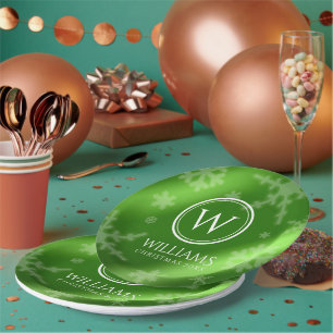 Assiettes En Carton Festif Green Foil Snowflakes Nom du monogramme