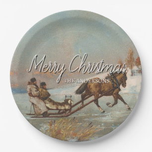 Assiettes En Carton Festif Hivernal Cheval Sleigh Ride Scene