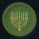 Assiettes En Carton Festif Menorah Hanoukka Céleste bougies vert<br><div class="desc">Faux bougies menorah en feuille d'or pour votre fête Hanoukka. Illustration de la menorah lunaire avec des étoiles blanches recouvertes de bougies célestes sur un socle de bougies menorah en faux or. Menorah élégante étoile Hanoukka illustrée cadeaux de design et produits en papier.</div>