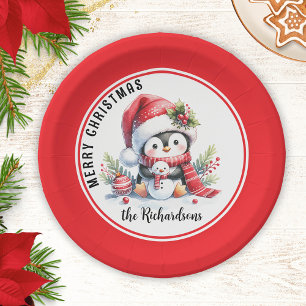 Assiettes En Carton Festif Rouge et blanc mignon pingouin Joyeux Noël