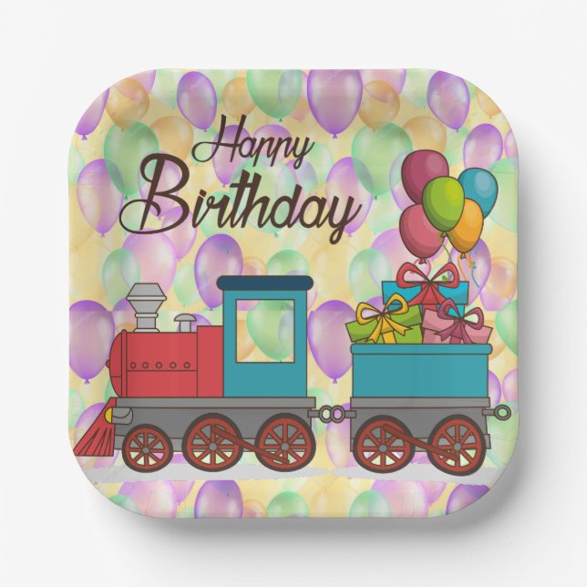 Assiettes En Carton Festive Birthday  Balloon Train Birthday (Recto)