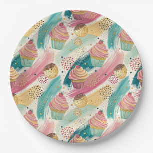 Assiettes En Carton Festive Cupcake & Brushstroke Celebration Motif