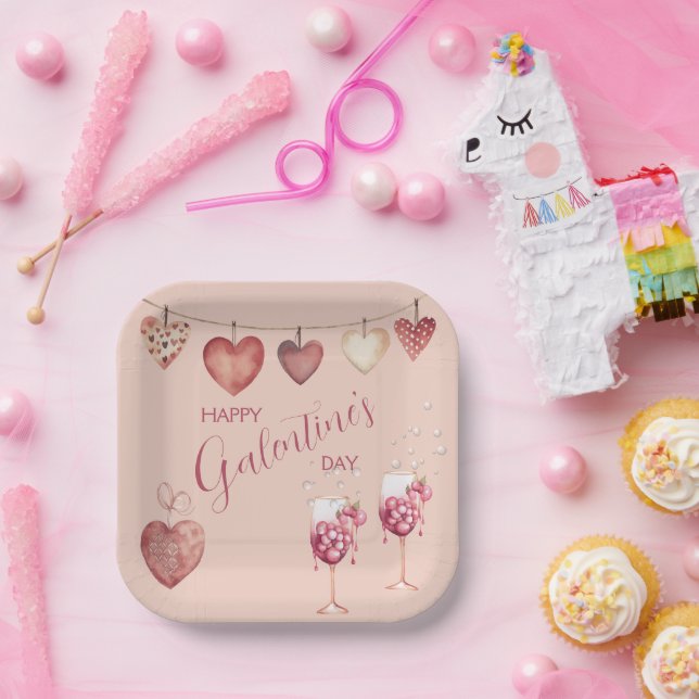 Assiettes En Carton Festive Galentine's Day Vins Lunettes et Coeurs (Fête)