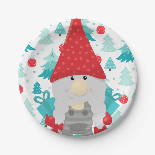 Assiettes En Carton Festive Gnome avec cadeaux (Devant)