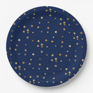 Assiettes En Carton Festive Holiday Blue & Glittery Gold Stars