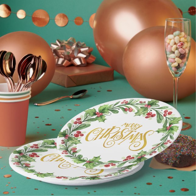 Assiettes En Carton Festive Holly Wreath - Gold Foil Joyeux Noël (Multi)