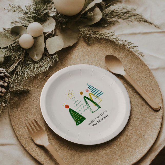 Assiettes En Carton Festive Moderne Aquarelle Noël Arbres de Noël (Festive watercolor Christmas trees personalized holiday party paper plates.)