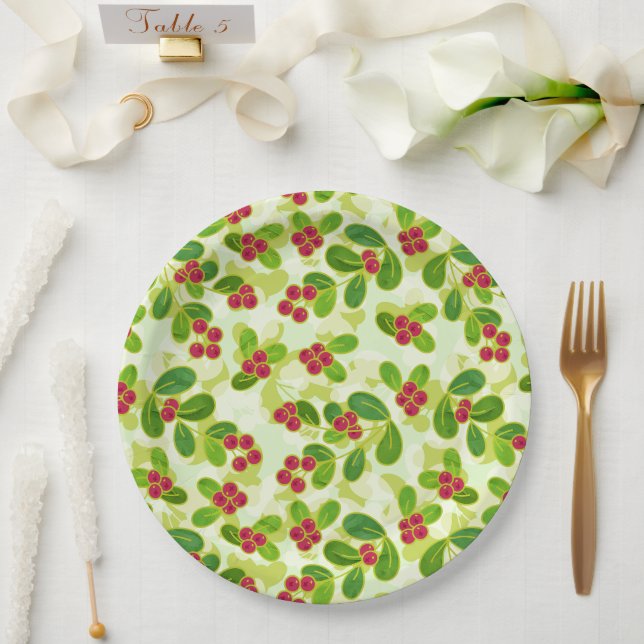 Assiettes En Carton Festive Motif de fruits de canneberge, vert (Mariage)
