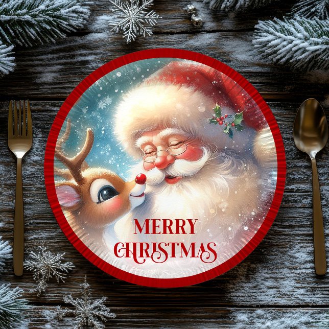 Assiettes En Carton Festive Rudolph Red Nose Funny Christmas Plates (Cute Santa and Rudolph Cartoon Christmas Paper Plates)