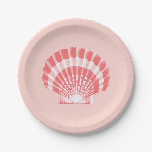 Assiettes En Carton Feston Shell - rose de corail et blanc (Devant)