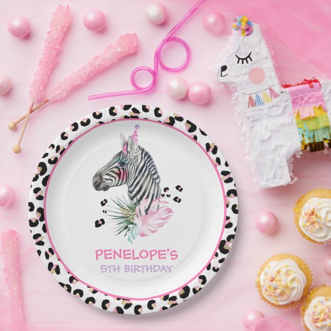 Assiettes En Carton Fête Animaux Wild Safari Rose Fille Anniversaire (Fête)