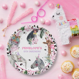 Assiettes En Carton Fête Animaux Wild Safari Rose Fille Anniversaire