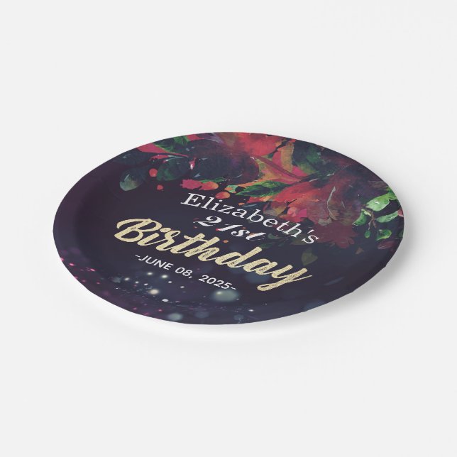 Assiettes En Carton Fête Anniversaire Rouge Floral Gold Script Purple  (Angle)