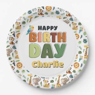 Assiettes En Carton Fête au zoo Safari animal Joyeux anniversaire