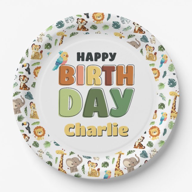 Assiettes En Carton Fête au zoo Safari animal Joyeux anniversaire (Devant)