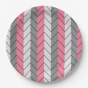 Assiettes En Carton Fête aux rayures chevron noir gris rose