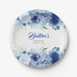 Assiettes En Carton Fête bébé Fleurs Bleues et Confettis Dorés