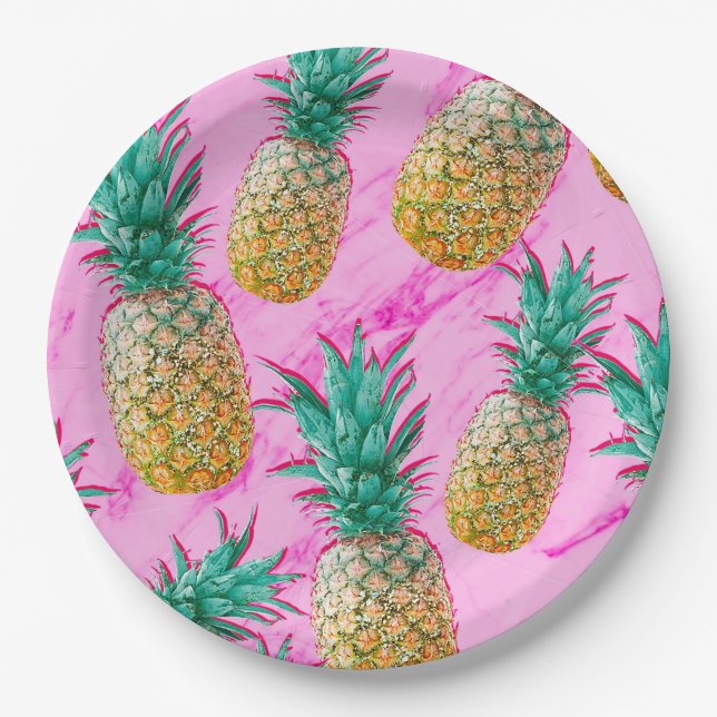 Assiettes En Carton Fête chic aux ananas tropicaux et marbre rose (Devant)