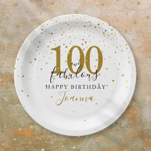 Assiettes En Carton Fête d'anniversaire 100 ans et fabuleuse or noir