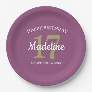 Assiettes En Carton Fête d'anniversaire 17 ans Violet Vert Nom Âge Tou