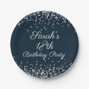 Assiettes En Carton Fête d'anniversaire 18 ans Navy Blue Silver Glitte