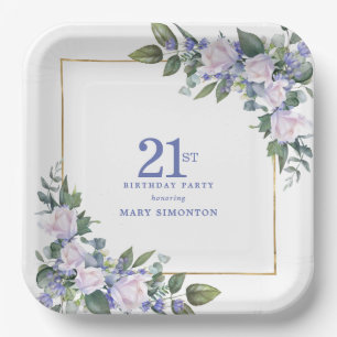 Assiettes En Carton Fête d'anniversaire 21 ans Rose blanche Bleu Flora