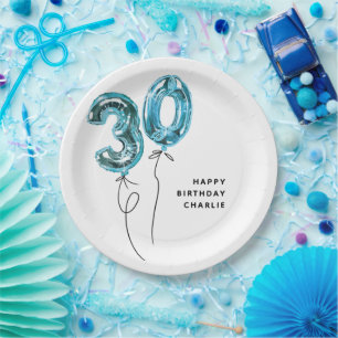 Assiettes En Carton Fête d'anniversaire 30 ans Minimal Blue 30 Ballons
