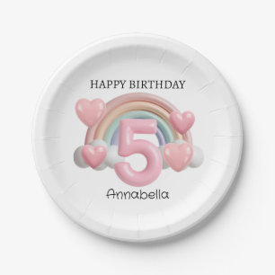 Assiettes En Carton Fête d'anniversaire 3D Arc-en-ciel et Cœurs 5 ans