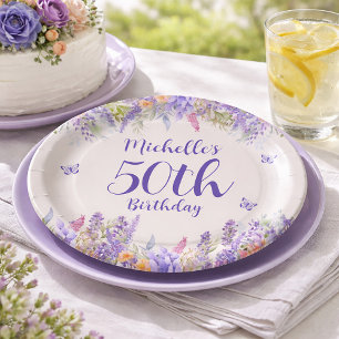 Assiettes En Carton Fête d'anniversaire 50 ans Fleur de Lavande Violet