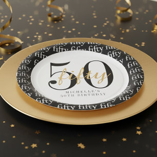 Assiettes En Carton Fête d'anniversaire 50 ans Noir Blanc Cinquante