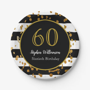 Assiettes En Carton Fête d'anniversaire 60 ans  Paillettes noires blan