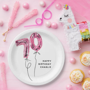 Assiettes En Carton Fête d'anniversaire 70 ans Minimal Rose 70 Ballon