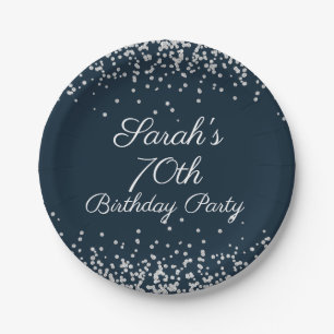 Assiettes En Carton Fête d'anniversaire 70 ans Navy Blue Silver Glitte