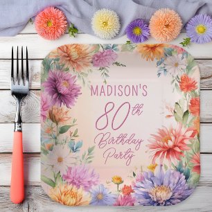 Assiettes En Carton Fête d'anniversaire 80 ans aux fleurs d'aster de s